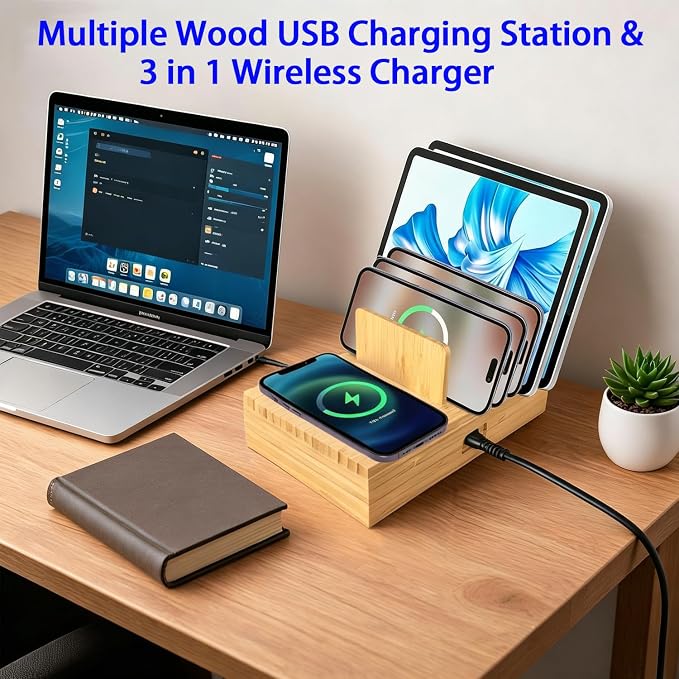 PD 100W Charging Station for Multiple Devices,6 Port USB Bamboo Charging Station Organzier with Detachable 15W 3 in 1 Wireless Charger Station for iPhone Android Apple Watch AirPod Tablet