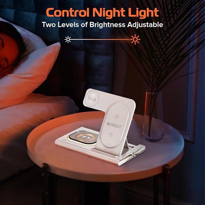 Spracht Flex Charge 3-3 in 1 Charging Station, Portable Charging Station for Smartphones, Smart Watches, Earbuds – 25W Fast Wireless Charger Stand Night Light – Foldable Travel Charger 3 in 1 (White)