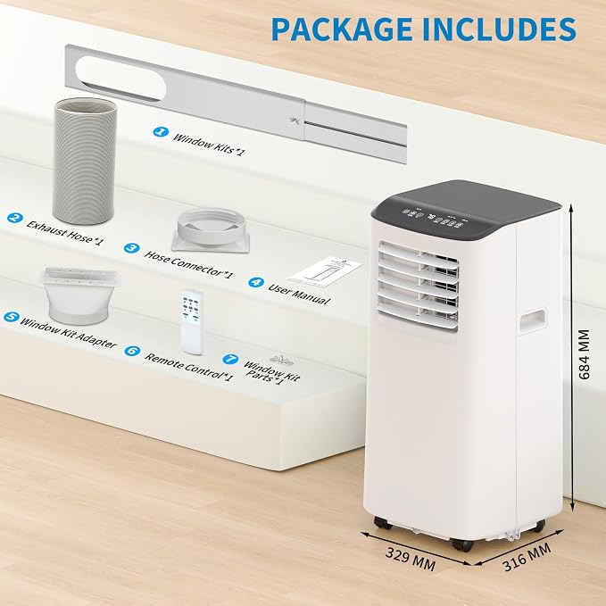 8000 BTU Portable Air Conditioner, Cools Up to 350 Sq.ft. Quiet AC Unit with Remote, 3-in-1 Dehumidifier Fan Sleep Mode 24H Timer, Easy Install Window Kit, for Home,White Body-Black Top Cover