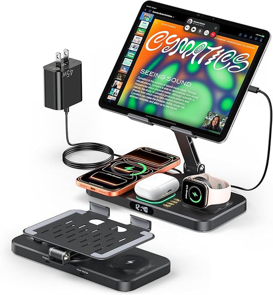 Magnetic Wireless Charging Station with 45W Adapter for Apple Devices, 20W Fast Foldable Wired Charging Stand for iPad with Clock & Night Light, Fast Mag-Safe Charger for iPhone 17, iWatch & AirPods