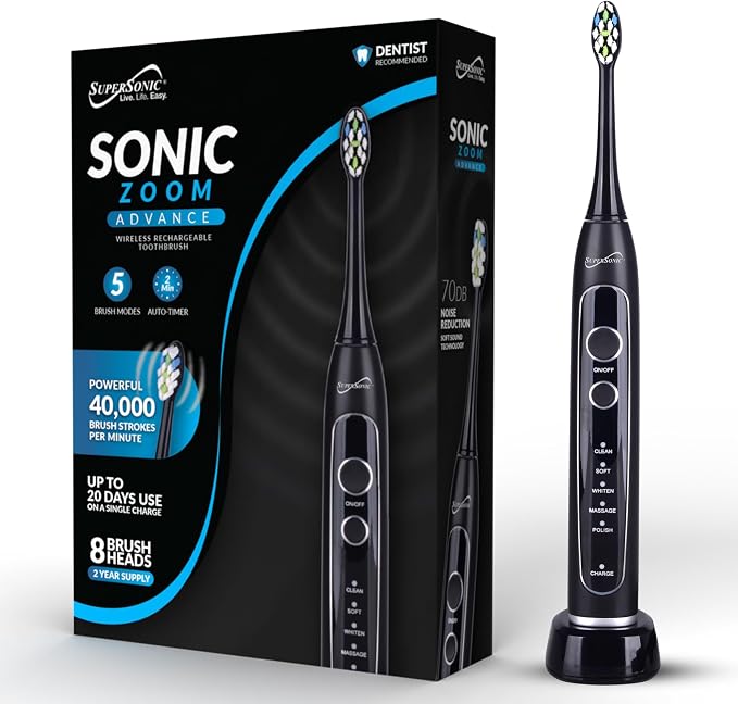 Supersonic TB-5100 Sonic Zoom Advanced Whitening Electric Toothbrush | 40,000 VPM | Wireless Charging | 5 Cleaning Modes | 8 Brush Heads | Auto Timer | Travel Case | Black