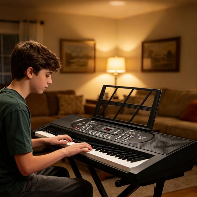 61 Key Portable Keyboard Piano with Stand, Electronic Keyboard Piano Kit, Microphone, Note Stickers, Music Rest, Digital Music Keyboard Built-In Speakers for Beginners