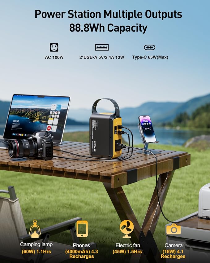 VTOMAN Jump 100 Portable Power Station, 88.8Wh Solar Generator LiFePO4 Battery Power Station with 100W (Peak 200W) AC Outlet, 1x PD 65W USB-C, 2X Regulated 5V/2.4A USB-A for Camping