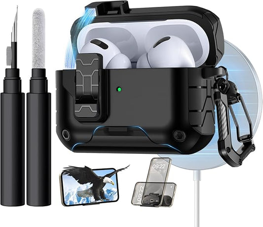 Lerobo for AirPods Pro 2 Case,Compatible with Apple Airpod Pro Case 2nd / 1st Generation with Phone Stand, Magnetic Lock & Cleaner Kit - Shockproof Hard Protective Cover Compatible with MagSafe,Black