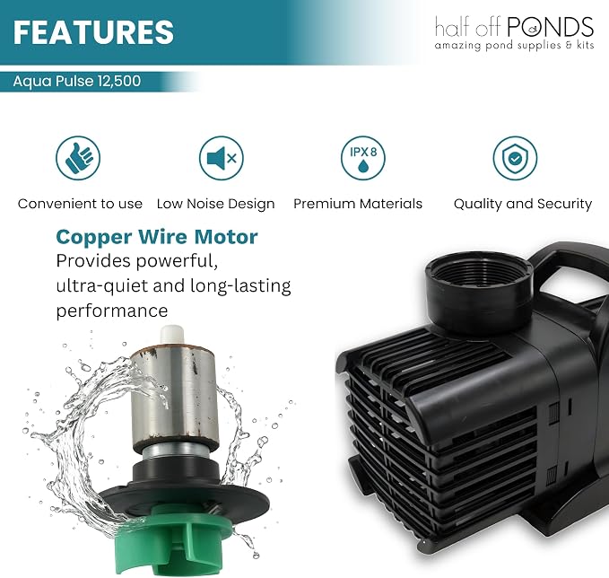 Aqua Pulse Submersible Pond Pump, 12,500 GPH, 200 ft Cord | 37 ft max head, 960W energy efficient, Ultra quiet, For koi ponds, Waterfalls, Fountains