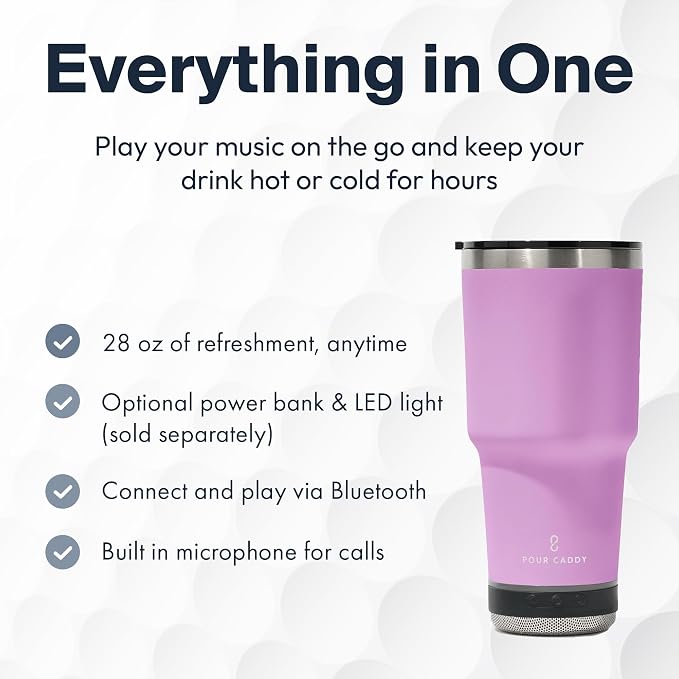 Vibe 28 oz Tumbler with Bluetooth Speaker, Insulated Stainless Steel Travel Cup with Lid, Hot & Cold Drink Beverage Container, Removable Speaker with Microphone, Rubber Base, Pink