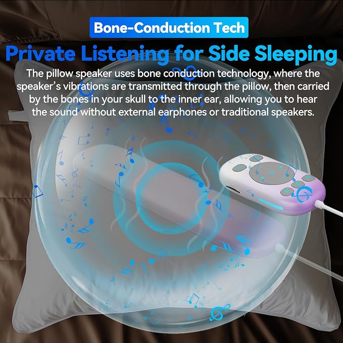 Pillow Speaker with Remote for Sleeping - Bone Conduction Speaker with 36 Built-in White Noise, Silent Bluetooth Speakers Under Pillow, Portable Sleep Bar (with TF Card, Purple to White)