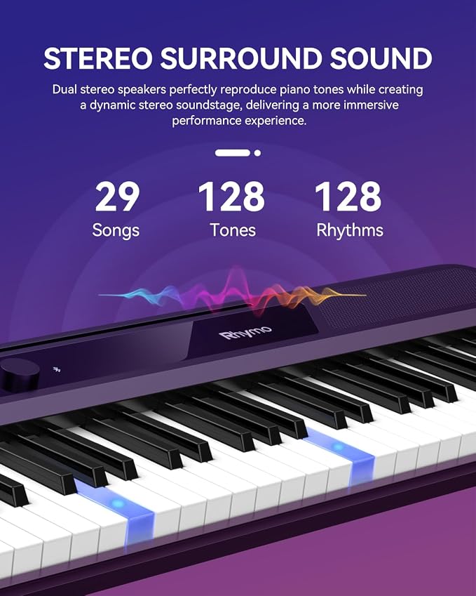 Rhymo 61-Key Velocity-Sensitive Lighted Piano Keyboard, 10W Dual Speakers, Dynamic Touch Sensitive Keys, Bluetooth & App-Enabled for Beginner Adults Kids