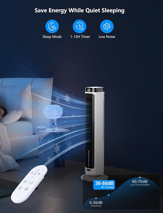 PNTCK 41" Evaporative Air Cooler Swamp Cooler with 3 Speeds, 5 Modes, 12H Timer, Remote, 80° Oscillation, LED Display, Bladeless Tower Fan Cooling Fan for Bedroom Office Large Room Indoor Use