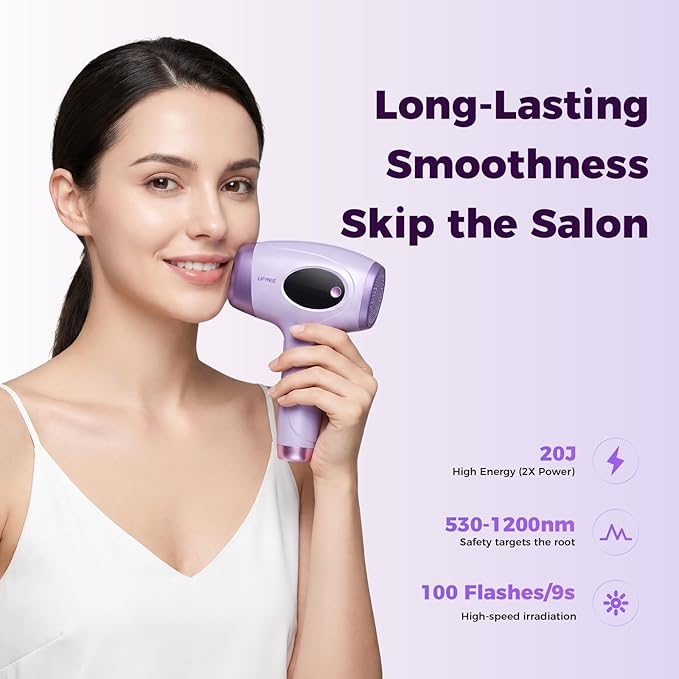 Ufree IPL Hair Removal Device, Full Body for Women Men at Home, Long-Lasting & Painless, 20J & 3 Smart Modes, 990k Flashes, Hair Remover for Armpits Legs Arms Face Bikini Line (Purple)