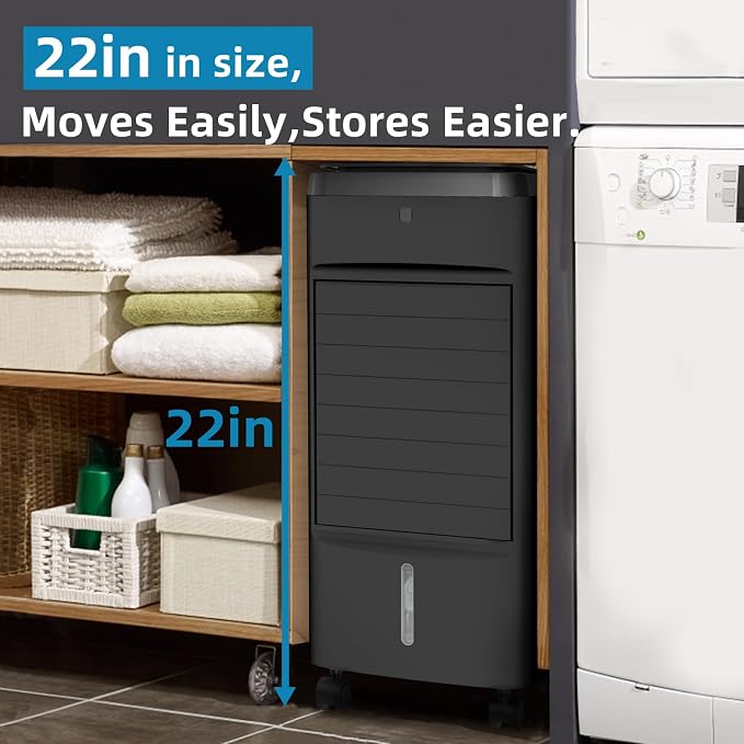 NOMEY 3-IN-1 Portable Air Conditioners 4 Modes & 3 Speeds, Waterless Alert System, 12H Timer, 1 Gal Detachable Water Tank, 4 Ice Packs, Remote, 70° Oscillation Windowless Evaporative Air Cooler