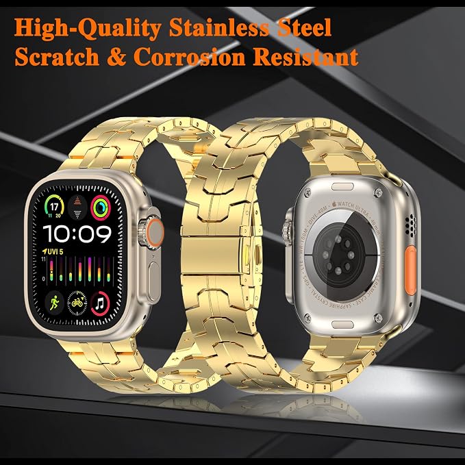MioHHR Stainless Steel Band Compatible with Apple Watch Band 49mm 46mm 45mm 44mm 42mm(Series 3/2/1), Adjustable Metal Band for Men iWatch Series 10 9 8 7 6 5 4 3 2 1 SE SE2 SE3 Ultra3/2/1, Gold
