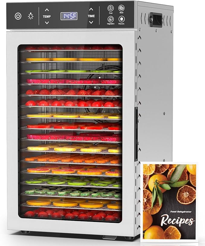 HOPERAN Food Dehydrator Stainless Steel - 800W Electric Dehydrator Machine with 4 Presets, Adjustable Timer, Temperature Control, Digital Food Dryer for Herb, Dog Treats,Meats & Veggies (16 Trays)