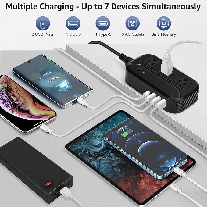 Voltage Converter US to Europe with 4 USB + 3 AC Outlets, 2300W Power Converter European Travel Plug Adapter for EU/UK/Italy/Asia/India/South Africa/Australia