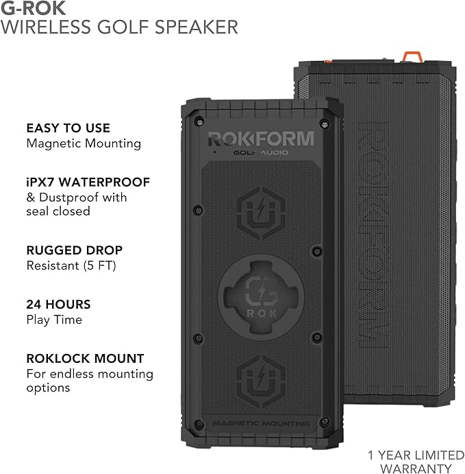 Rokform G-ROK Wireless Golf Speaker, Portable Magnetic, IPX7 Waterproof, Shockproof & Dustproof, Loud & Clear Sound, 24 Hour Battery, Rugged Outdoor Golf Cart Speaker (Black) ASIN