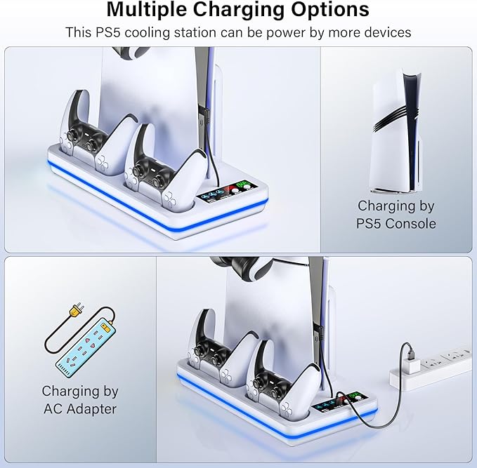 Fegliea PS5/PS5 Slim Stand with Cooling Station, PS5 Cooling Stand with Dual Controller Charging Station for PlayStation 5 Disc & Digital Console, PS5 Accessory with 10 LED Light, 3-Level Cooling Fan