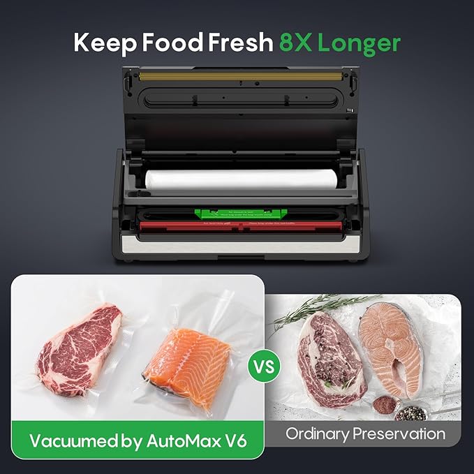 FRESKO Food Vacuum Sealer with Automatic Bag Detection, 0.2-inch Widened Heating Strip, Built-in Bag Roll Storage & Cutter, 1 Roll Bag, Starter Kit