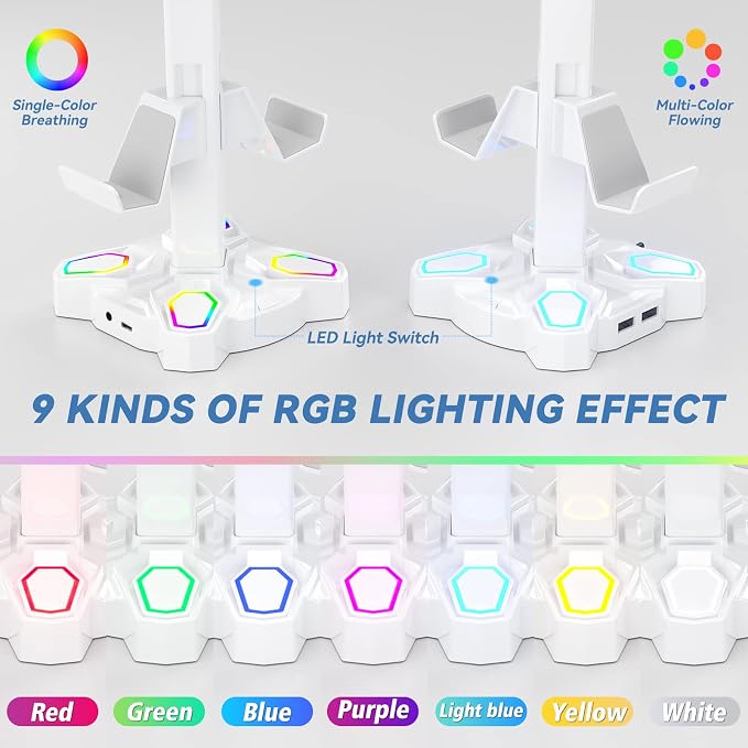 KDD Gaming RGB Headphones Stand & RGB Headphone Stand with USB Charger - Rotatable Headset Stand with 9 Light Modes - Headphone Holder with 2 USB Charging Ports and 3 AC Outlets