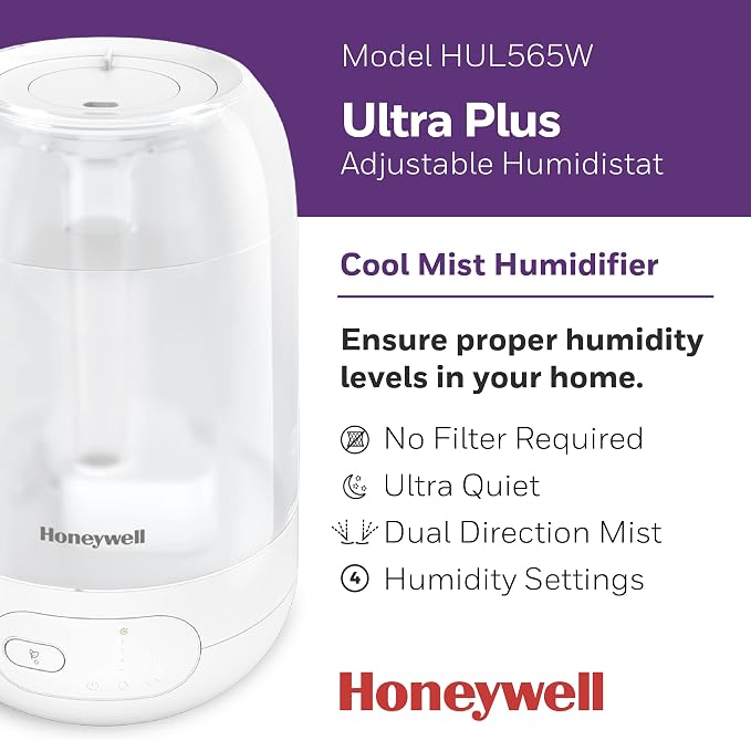 Honeywell Ultra Comfort Cool Mist Humidifier With Humidistat, 1.5 Gal Tank, No Filter, Digital Controls, Cleaning Brush Included, Ultra Quiet, Use With Essential Oils, White, HUL565W