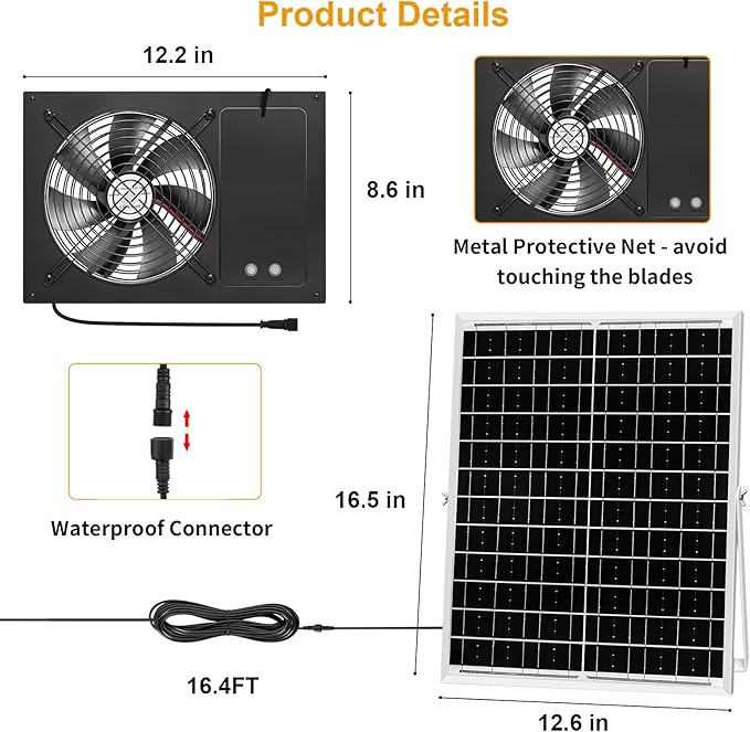 25W Solar Exhausted Fan with Battery, 2 Wind Speed, IP65 Waterproof 7.1" Solar Powered Ventilation Fan for Chicken Coop, Greenhouse, Shed and Dog House