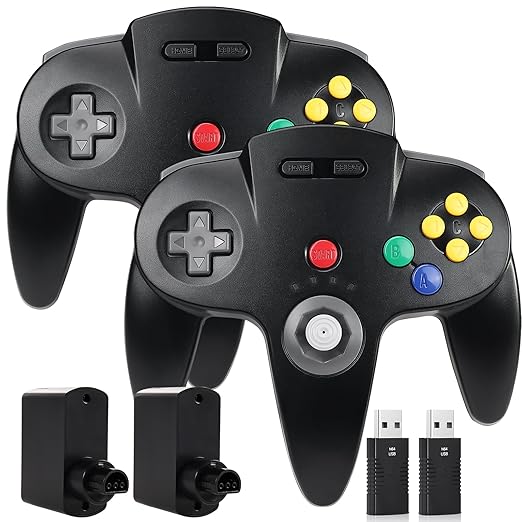 2 Pack Wireless N64 Switch Online Controller, with 2.4 GHz USB & N64 Receivers, Compatible with Windows PC macOS, N64 Console / Switch / NSO - (Rechargeable) (Plug and Play) (Built-in Rumble) (Black)