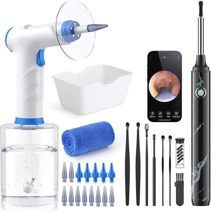 Earwax Removal - Electric Ear Irrigation Kit with 4 Pressure Modes, Ear Cleaner with Camera, 1080P Otoscope, Ear Cleaning Tool with 7-Piece Set, Earwax Removal Kit for Daily Cleaning(White)