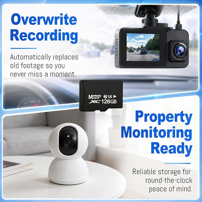 128GB Micro SD Card for Dash Cam, Security Camera, Retro Gaming, with USB-A 3.0 Reader & SD Adapter, U3 V30 A1 Class 10