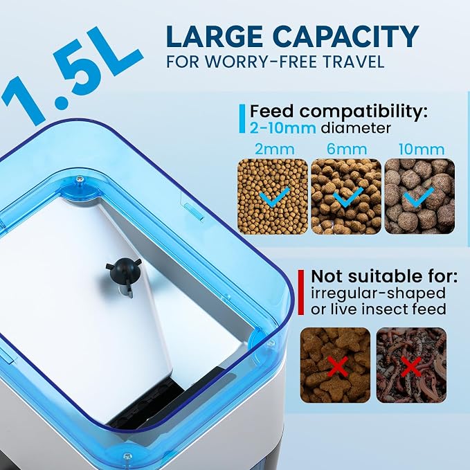 Automatic Fish Feeder for Pond Solar Powered 2.8L Capacity, Battery & AC Auto Timed Fish Feeder for Pond Indoor & Outdoor, Animal-Proof (1.5L)