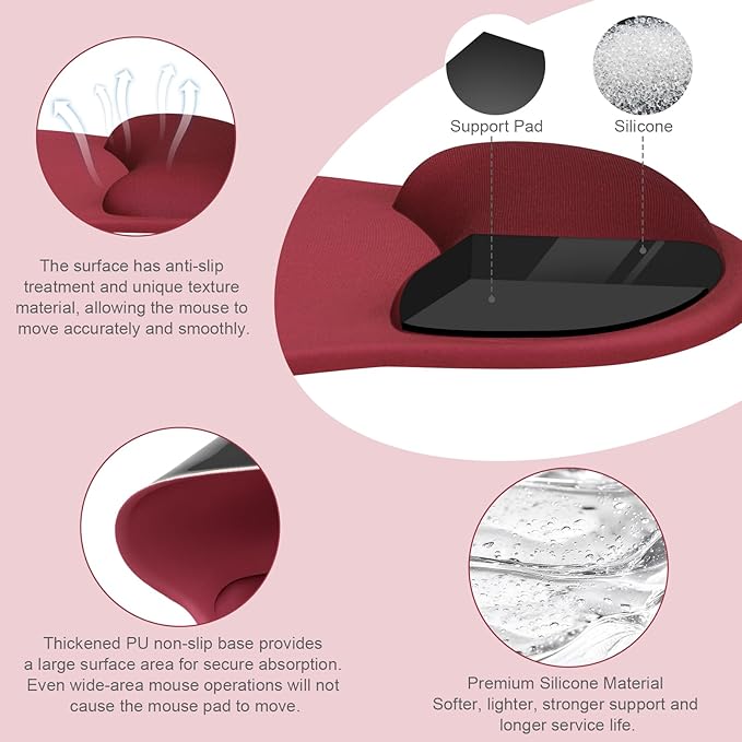 MOSISO Wrist Rest Support for Mouse Pad&Keyboard Set, Circle Curved Ergonomic Mousepad&Coaster Non-Slip Base Home/Office Pain Relief&Easy Typing Pad with Soft Cloth&Silicone Lining, Wine Red