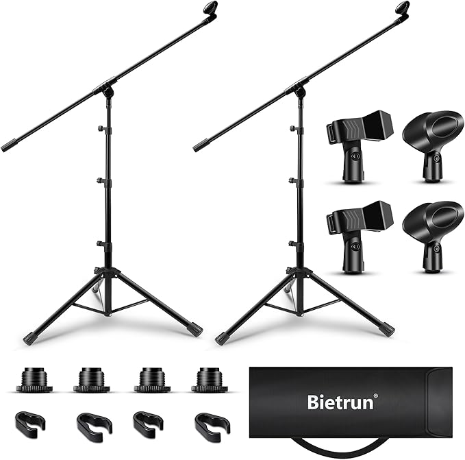Microphone Stand 2 Pack, Bietrun Tripod Mic Stand Adjustable Boom Height, with Carry Bag & Mic Clips, Detachable Boom Mic Stand for Singing Performance Wedding Stage Church
