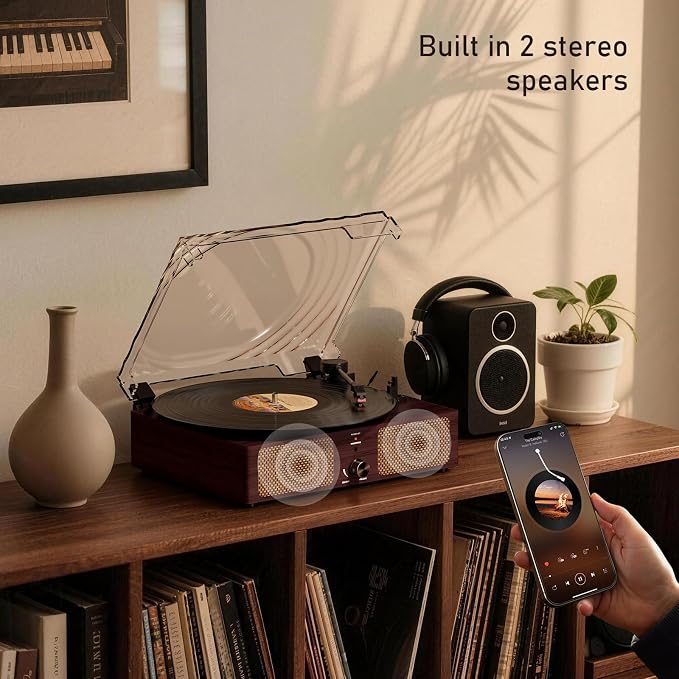 Vinyl Record Player Turntable with Built-in Bluetooth Receiver & 2 Stereo Speakers, 3 Speed 3 Size Portable Retro Record Player for Entertainment and Home Decoration