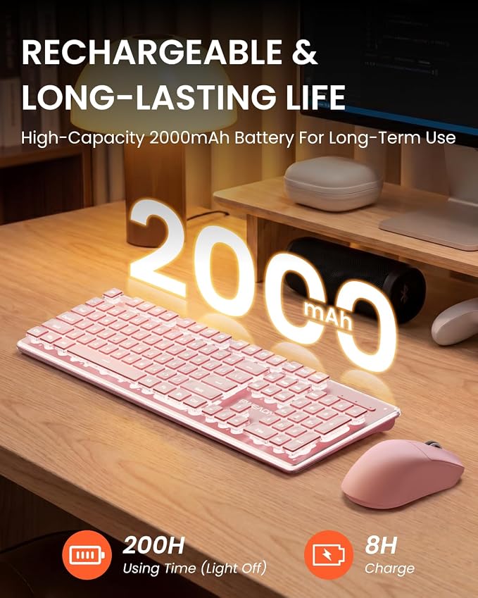 Wireless Keyboard and Mouse Combo with White Backlit Pudding Keycaps, Bluetooth & 2.4G, 2000mAh Rechargeable, Full Size, Metal Panel Quiet Computer Keyboard Set for Windows PC Desktop - Pink