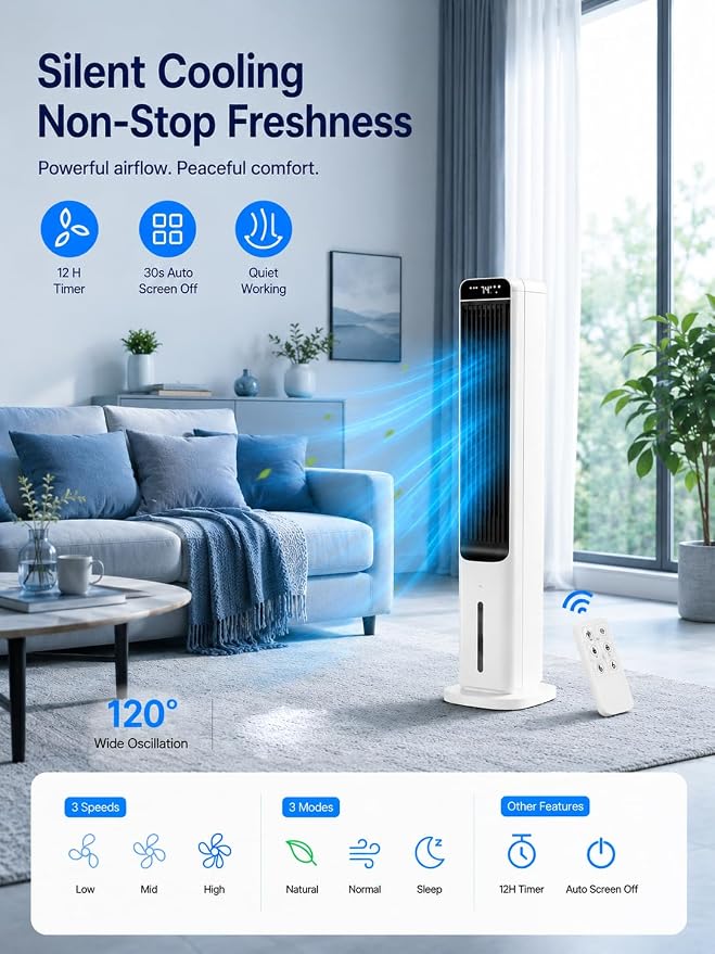 Uthfy 41 Inch Swamp Cooler Air Conditioner, 3-in-1 Portable Air Conditioners with 4 Modes, 3 Speeds, 120° Oscillation, 4 Ice Packs, Removable Water Tank, Cooling Fans that Blow Cold Air with Remote