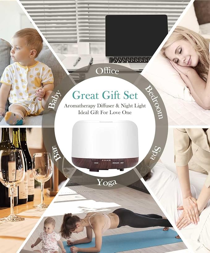 Essential Oil Diffuser 500ml-Humidifier,Aroma Diffuser for Home with 7 Colors Light,Remote Control Air Diffuser for Large Room,Bedroom,Office(Light Wood)