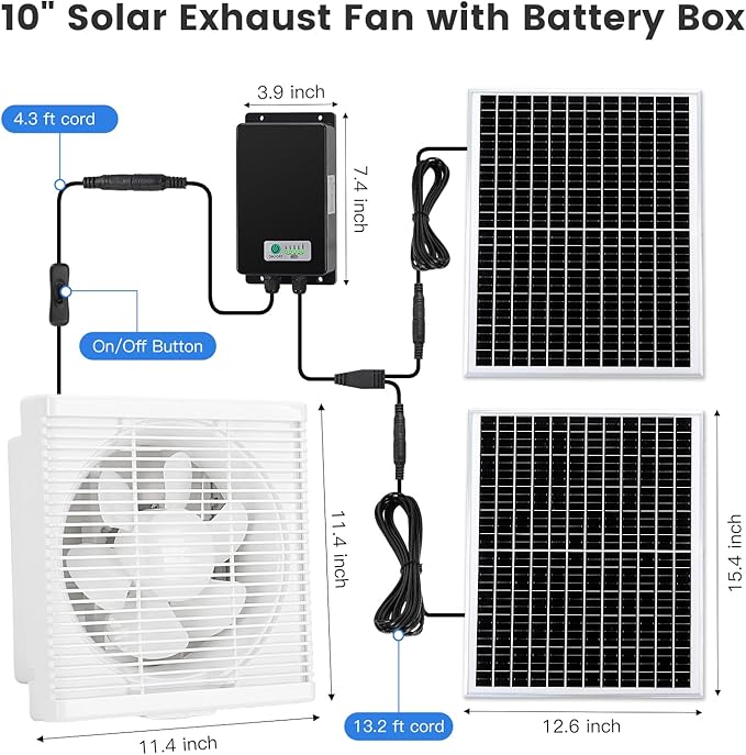 Fanspex Solar Exhaust Fan, Solar Powered Vent Fan Kit for Outside Greenhouse Shed Chicken Coop (10" Fan with Battery)