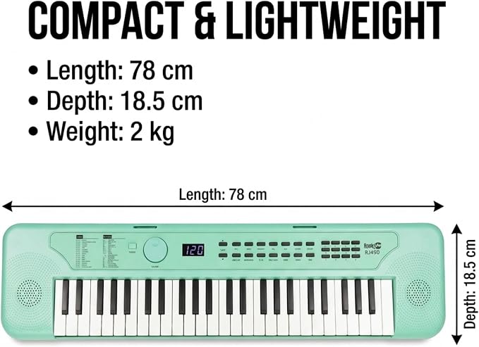 RockJam 49 Key Keyboard Piano, Portable Electronic Music Keyboard with Speakers, USB-C Power or Battery Operation, Headphone Input, 200 Tones, 200 Rhythms, Note Stickers & Lessons