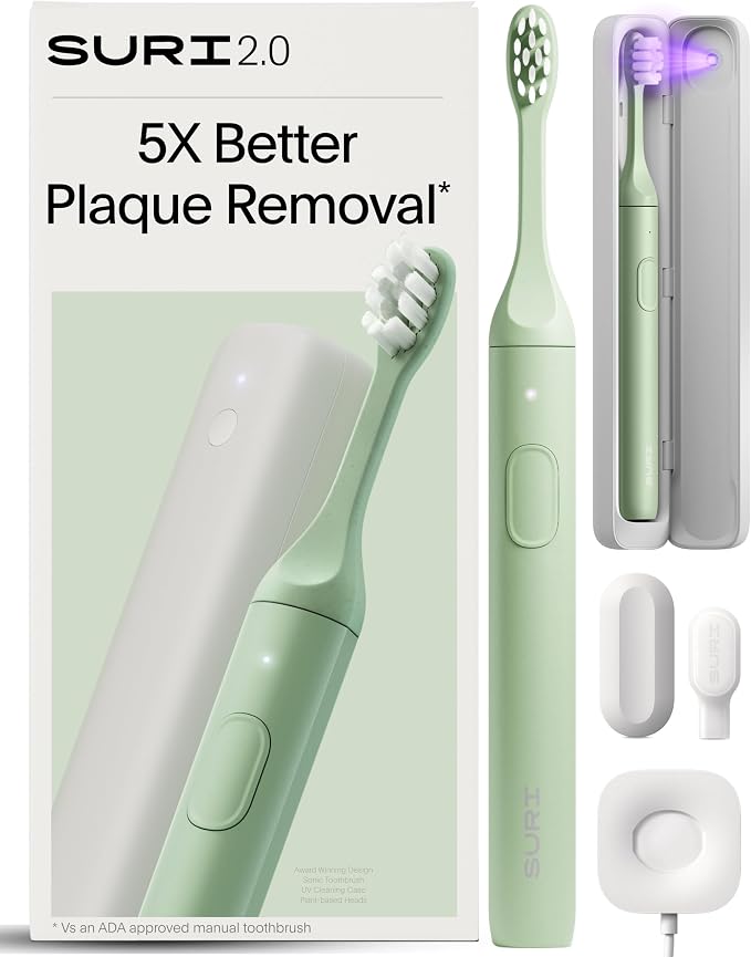 SURI 2.0 New Sonic Electric Toothbrush with Pressure Sensor & UV-Cleaning Travel Case | 1 Month+ Battery | Electric Toothbrush for Adults | Travel Toothbrushes | Tooth Brush | Green