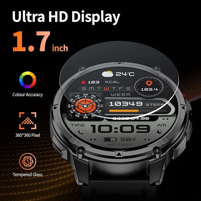Military Smartwatch for Men with Compass & Flashlight, Rugged Smart Watch with Bluetooth Calling, Outdoor Fitness Tracker with Heart Rate Sleep Monitor, 100+ Sport Modes Waterproof for Android iPhone
