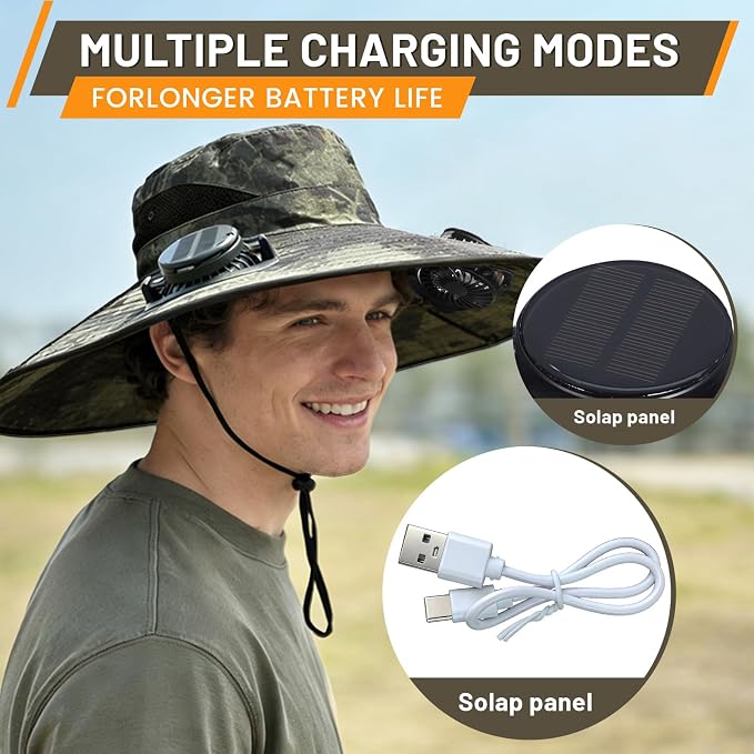 Solar Fan Hat, Wide Brim Sun Hat with 2 Built-in Solar Fans, UPF 50+ Sun Protection Outdoor Fishing Hiking Camping Beach