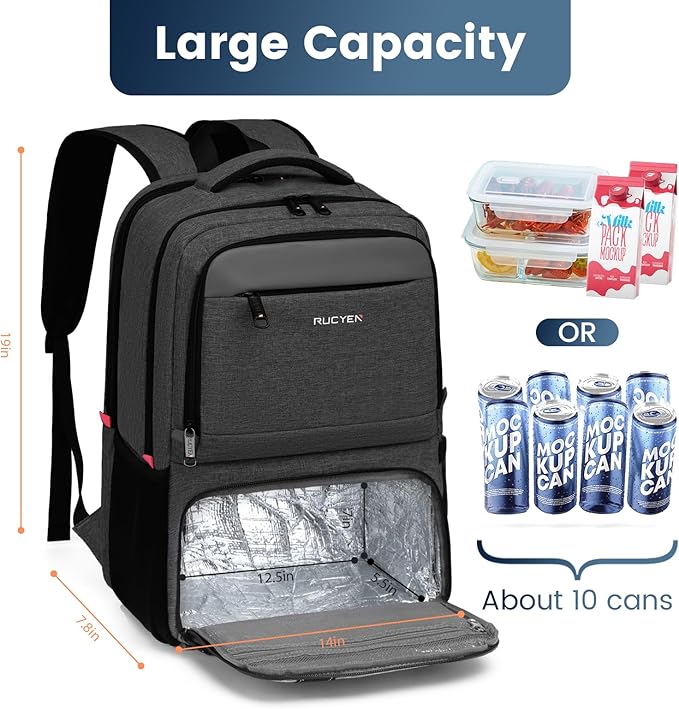 RUCYEN Lunch Backpack, 17.3 Inch Large Lunch Backpack Insulated Cooler Bag Travel Laptop Backpack with USB Port for Men Women, RFID Blocking for Work Picnics Black