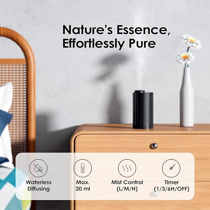 Airversa Waterless Essential Oil Diffuser Starter Kit with 2x20mL Hotel Fragrance Oils for Car Home Office, Cordless Battery Operated Scent Air Cool Mist Diffuser, Mist/Timers, AN6KIT-C Black