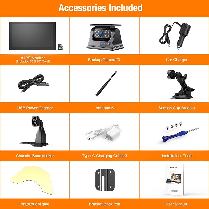 3 Magnetic Solar Wireless Backup Camera for Truck, 9" Portable 1 Min Easy Install Scratch-Proof No Delay Touch Screen Monitor System True 15000mAh Rechargeable Reverse Camera for Tractor Excavator