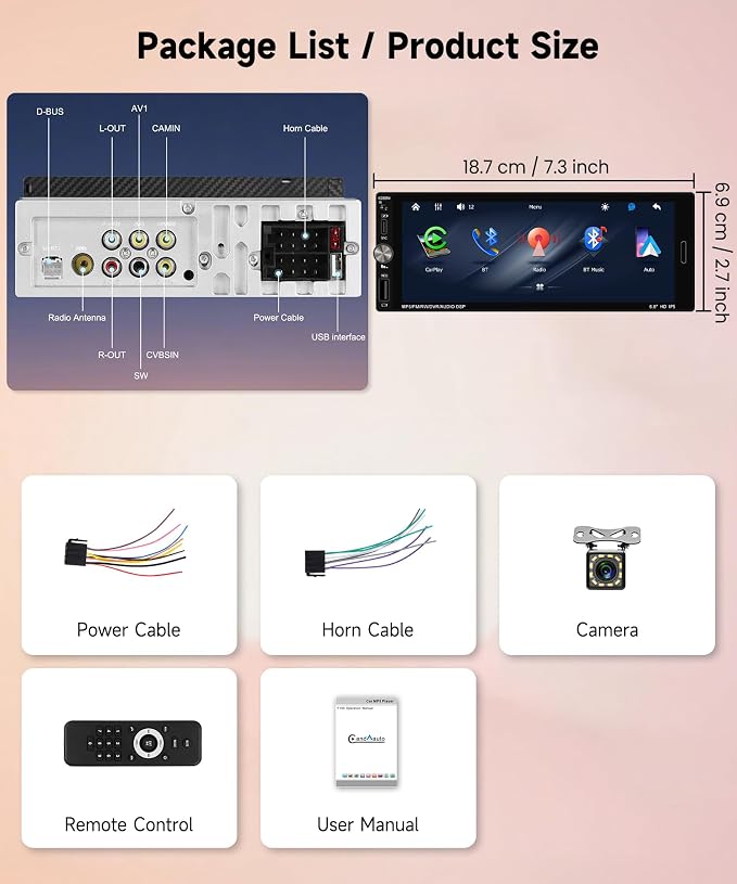 Single Din Car Stereo Wireless Carplay Android Auto, Car Stereo Receivers Bluetooth 5.2, 6.9" IPS Touchscreen Radio 1 Din, Backup Camera, Mirror Link, SWC, FM EQ USB Type-C