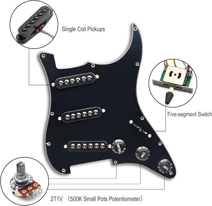 SAPHUE Prewired ST Pickguard Coil Pickups Adjustable Big Screws Loaded Electric Guitar Pickguard for Fender Strandard Straocaster Guitar Parts (SSS,Black)