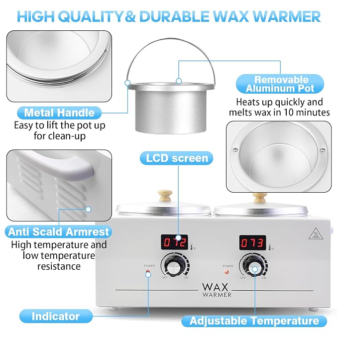 Portable Wax Warmer Machine for Painless Hair Removal, Women Men Professional Wax Heater with Adjustable Temperature Set, 20pcs Sticks (White - Double Pots-Digital)