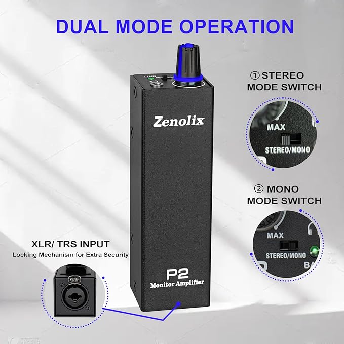 P2 Portable In Ear Monitor Amplifier, Headphone Amp with XLR/TRS Inputs 3.5mm Output, Enhanced Sound Quality, Durable Belt Clip, Guitar Headphone Amplifier with Stereo/Mono Switch for Performers,Black