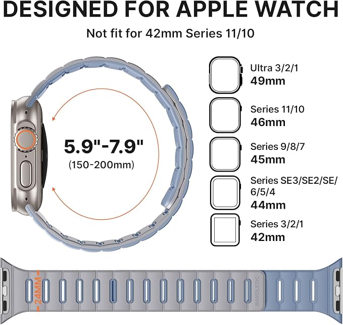 Bandletic Reversible Magnetic Bands Compatible with Apple Watch Ultra 2/Ultra 3 Band 49mm/46mm/45mm/44mm/42mm(3/2/1) Men, Strong Magnet Strap for iWatch Series 11 10 Ultra SE3 9 8 7 6 5 4,Grey IceBlue