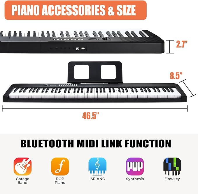 88 Key Piano Keyboard, Electric Digital Piano with Semi Weighted Keys, Keyboard Piano with Sustain Pedal, Power Adapter, Stand, Carrying Case, Headphones, USB-MIDI Compatibility, for Beginner Adults