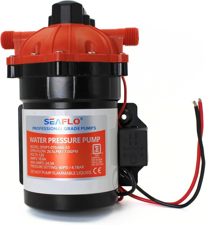 SEAFLO 53-Series DC Diaphragm Water Pump – 7.0 GPM, 60 PSI, 12V | Heavy-Duty, Self-Priming, Bypass with Pressure Switch, Continuous Duty, 4-Year Warranty