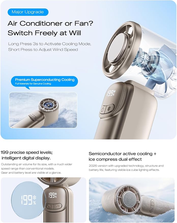 MAGIC JOHN Portable Handheld Turbo Fan with Ice Cooling, Rechargeable Personal Fan, 199 Speed Powerful Portable Fan for Travel, Outdoor, Camping, Hiking, White
